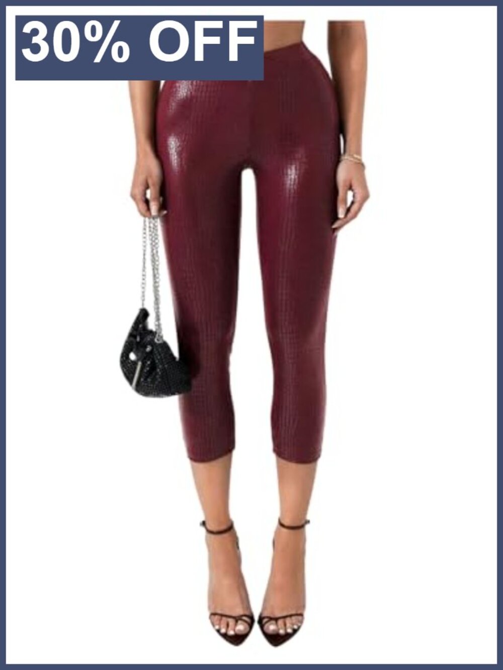 Faux Leather Capri Leggings High Rise Crossover Waist Party Clubwear